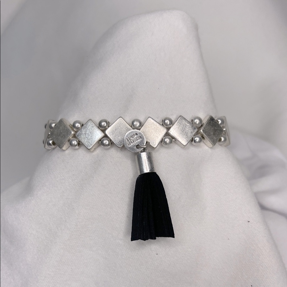 Marlyn Schiff Silver Stretch Bracelet NWOT with Black Tassel